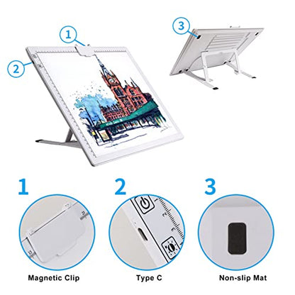 A3 Rechargeable Light Pad, TOHETO 2500mAh Battery Powered Light Board with Stand Top Magnetic Clip 3 Colors Stepless Dimmable 6 Levels Brightness Light Box for Diamond Painting Weeding Vinyl (White) - style: A3 (White)