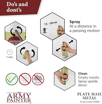The Army Painter Colour Primer Plate Mail Metal, 400 mL Acrylic Spray Primer, Spray Paint Basecoat for Miniature Priming, Tabletop Roleplaying, Boardgames, and Wargames Miniature Modelling - color: Plate Mail