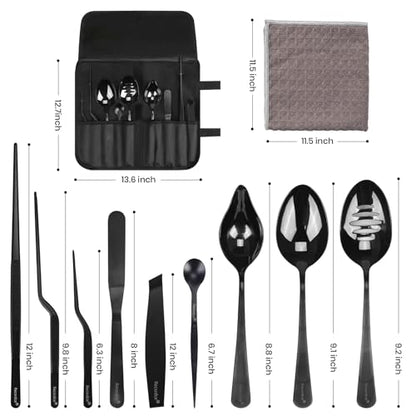 9-Piece Professional Culinary Plating Set, Black Stainless Steel Chef Plating Tools with Storage Roll & Cleaning Cloth for Food Presentation