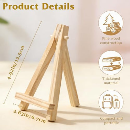 12-Pack 3.93×2.36in(L×W) Mini Wooden Display Easels, Small Natural Wood Tripod Stands for Photos, Cards, and Tiny Canvas Displays