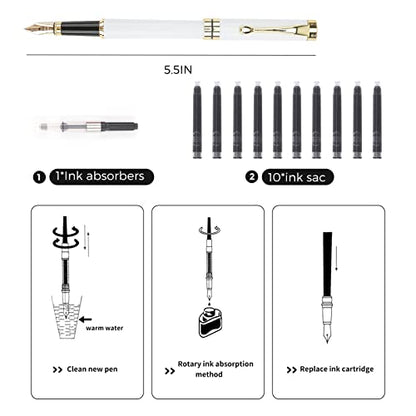 Tiankool Luxury Fountain Pen,Fine Nib, Exquisite Pen Gift Set for Men&Women-Includes 10 Ink Cartridges&Ink Converter- Nice Pens - White - color: White