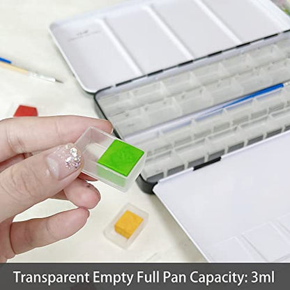 FCLUB Large Watercolor Palette Tin with 28Pcs Watercolor Full Pans | Empty Metal Palette, 28Pcs White Full Pans, Folding Paint Tray, Palette with Lid, Mixing Area for Watercolor, Oils Gouache - style: Tin with 28 Transparent Full Pans