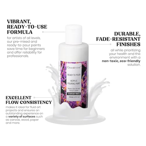 GRANOTONE Premium Acrylic Pouring Paint Titanium White Colour 6.76 fl oz 200 ml Ready to Use Superior High Flow Formula for Canvas Wood Paper Craft and Fluid Art Projects Made in India - color: TITANIUM WHITE