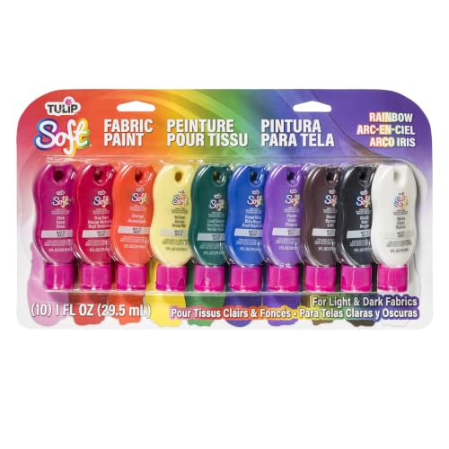 Tulip Soft Fabric Paint, Permanent Fabric Paint for Clothes, Rainbow Colors, 10 Pack, 1 fl oz bottles, Matte Finish Stays Flexible After Washing - color: Rainbow