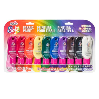 Tulip Soft Fabric Paint, Permanent Fabric Paint for Clothes, Rainbow Colors, 10 Pack, 1 fl oz bottles, Matte Finish Stays Flexible After Washing - color: Rainbow