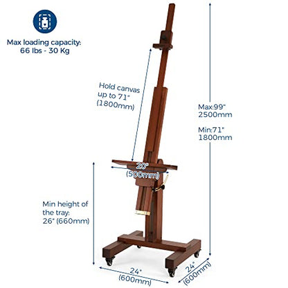 VISWIN Studio Heavy-Duty Easel, Holds Canvas Up to 71", Tilts Flat & Movable, Adjustable Solid Beech Wood Large Easel Stand for Painting, TV & Display, Floor Art Easel for Adult, Artist - Walnut - color: Walnut Brown