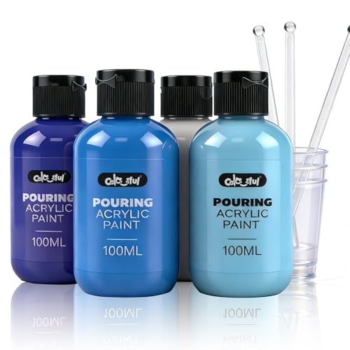 Colorful Blue Series Acrylic Pouring Paint Set, 3.34 oz./100 ml Bottles of 4 Colors with Cups, Sticks & Gloves, Fluid Ready Pour Paints Perfect for DIY Arts and Crafts Projects - color: Blue Color