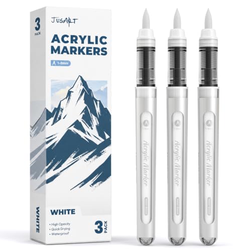 JusArt 3 White Paint Markers Brush Tip, Water-Based No-Bleed Acrylic Markers with Automatic Ink Control, Waterproof Acrylic Paint Pens for DIY Art & Crafts -Fabric, Wood, Rock, Ceramic, Metal - color: White
