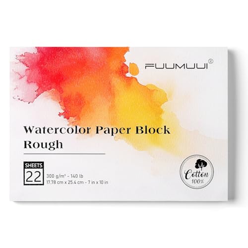 Fuumuui 7×10 Watercolor Paper Block, Textured Rough 100% Cotton Watercolor Paper, 140lb/300gsm, 22 Sheets, Acid-Free, Art Paper for Painting & Drawing, Wet, Mixed Media, Rough Grain - color: Rough, size: 7×10"