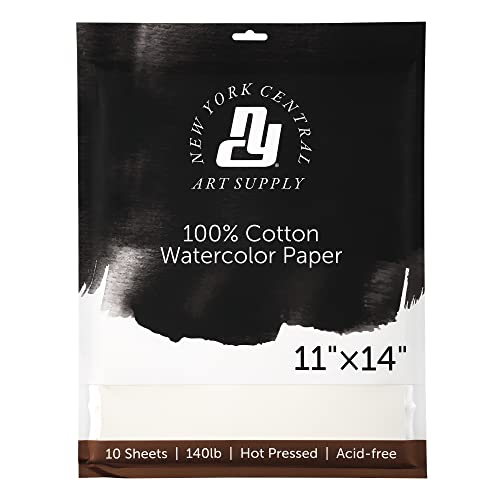 New York Central Watercolor Paper - 11x14-5 Packs of 10-50 Total Sheets, 140 lb. Hot Press - 100% Cotton, Acid-Free, Archival Quality, Bright White Watercolor Paper Pad for Wet & Dry Media - size: 11x14"