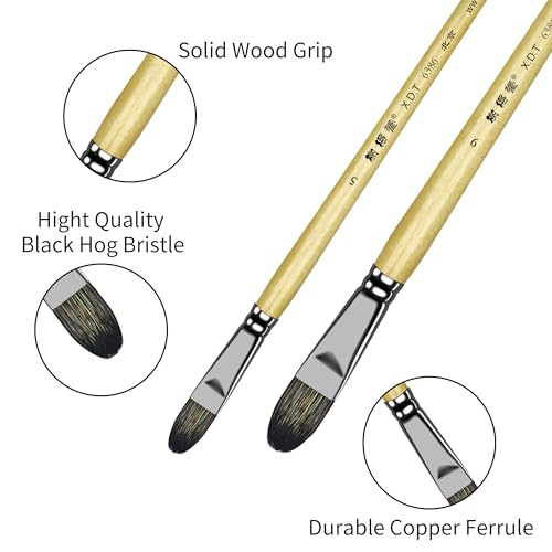 XDT#6386 Filbert Artist Paint Brush 6 Piece Set Medium Stiff Black Hog Bristle Extra Long Handle #2#4#6#8#10#12, Acrylic Oil Watercolor - size: Filbert Black Hog Bristle 6Pc
