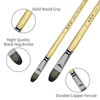 XDT#6386 Filbert Artist Paint Brush 6 Piece Set Medium Stiff Black Hog Bristle Extra Long Handle #2#4#6#8#10#12, Acrylic Oil Watercolor - size: Filbert Black Hog Bristle 6Pc