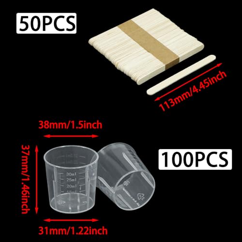 100 Pcs Plastic Graduated Cups, 1oz/30ml Transparent Scale Cups, Epoxy Mixing Cup with 50 Pcs Wooden Stirring Sticks