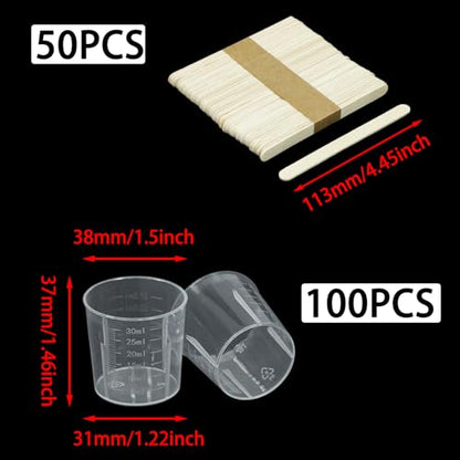 100 Pcs Plastic Graduated Cups, 1oz/30ml Transparent Scale Cups, Epoxy Mixing Cup with 50 Pcs Wooden Stirring Sticks