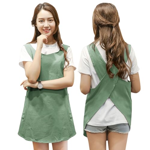 Shortened Design Apron, Japanese Style Soft Cotton Linen Apron with Two Side Pockets, X Cross Halter Aprons, Kitchen Cooking Clothes Gift for Women DIY Project, Crafting, Cooking, Baking(Mint Green) - color: Mint Green, style: 1# Style-rounded Edge