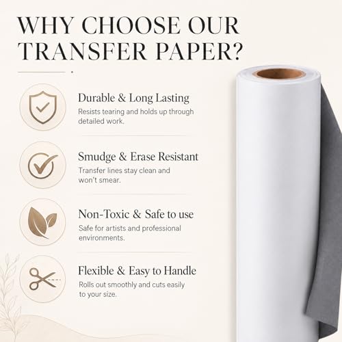 Fuyoooo 1 Roll 17 in x 90 ft Extra Large Graphite Transfer Paper Wax-Free Carbon Paper for Tracing Drawing and Sketching Transfer on Canvas Wood Ceramic Metal and Crafts (Gray) - color: Gray, size: 17 in X 90 ft, style: Wax-free
