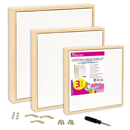 3 Pack Floater Frame Canvas with 8x8, 10x10, 12x12 Canvas – Gallery Wrapped Canvas Set with Cotton-Linen Blend (400 GSM), 15 oz Acid-Free, Warp Resistant, Ready to Hang for Oil & Acrylic - size: 3pk-3Size Canvas