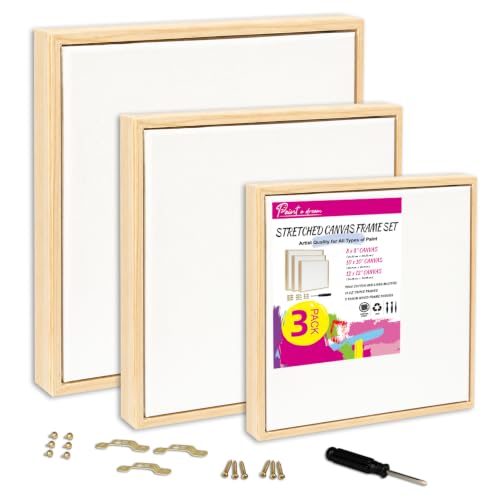 3 Pack Floater Frame Canvas with 8x8, 10x10, 12x12 Canvas – Gallery Wrapped Canvas Set with Cotton-Linen Blend (400 GSM), 15 oz Acid-Free, Warp Resistant, Ready to Hang for Oil & Acrylic - size: 3pk-3Size Canvas