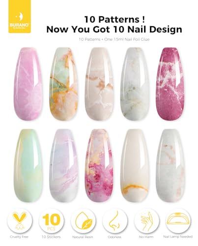 BURANO Nail Art Nail Foil Glue Gel, o.5 oz with 10PCS Foil Stickers Set Nail Foil Glue for Nails Foil Transfer Gel, Nail Design Home DIY UV LED Lamp Required (Marble Glitter) 22 - color: Marble 22