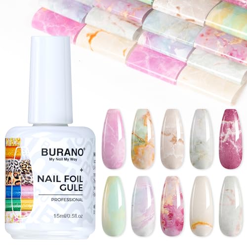 BURANO Nail Art Nail Foil Glue Gel, o.5 oz with 10PCS Foil Stickers Set Nail Foil Glue for Nails Foil Transfer Gel, Nail Design Home DIY UV LED Lamp Required (Marble Glitter) 22 - color: Marble 22