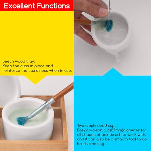 MEEDEN 2 Pack Porcelain Palette Cup, Ceramic Palette with Lid, Deep Well Oil Painting Cup, Artists Paint Water Cup, Oil Paint Dipper, Brush Wash Bowl with Beech Wood Tray - size: Not Available | 2 Wells