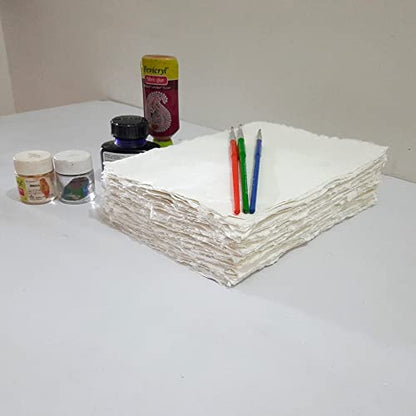 Handmade Off-White Deckle Edge Blank Paper - Mixed Media, Calligraphy, Watercolor, Postcards, Invitations, Crafts, and Announcements - Thick 150 GSM, Pack of 100 Sheets (7" x 5" Off-White) - size: 7" x 5" Off-White