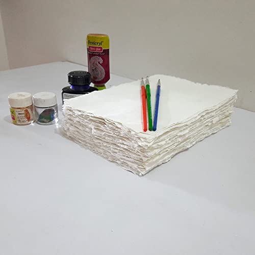 Handmade Off-White Deckle Edge Blank Paper - Mixed Media, Calligraphy, Watercolor, Postcards, Invitations, Crafts, and Announcements - Thick 150 GSM, Pack of 100 Sheets (6" x 4" Off-White) - size: 6" x 4" Off-White