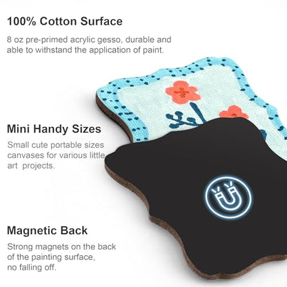 AUREUO Retro Magnetic Mini Canvas Boards for Painting - 2.5 Inch 24 Pack Shaped Small Canvases for Crafts Tiny Painting Canvas Panel for Acrylic Paint & Markers Art Gift - size: 2.5", Various Shaped Canvas Panel