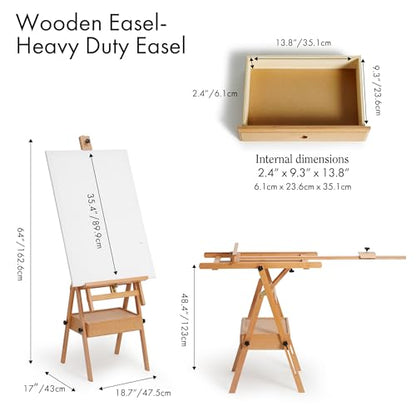 ARTIFY Large Wooden H-Frame Studio Easel, Sturdy Beechwood Canvas Holder Stand, Both Horizontal and Vertical Use, for Acrylic, Oil, Watercolor and Gouache