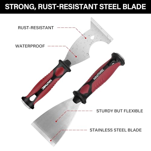 HAUTMEC Putty Knife 4 PC Set, 1.25",2",3" Paint Scraper & 3" 8-in-1 Paint Stripper, Heavy Duty Stainless Steel Blade and Hammer End for Removing Wallpaper, Plaster, Cement 25060