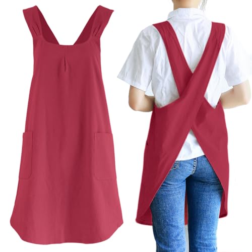 NEWGEM Japanese Cotton Linen Cross Back Cooking Apron for Women Men with Pockets Cute for Baking Kitchen - color: 05 - Women's Dark Red
