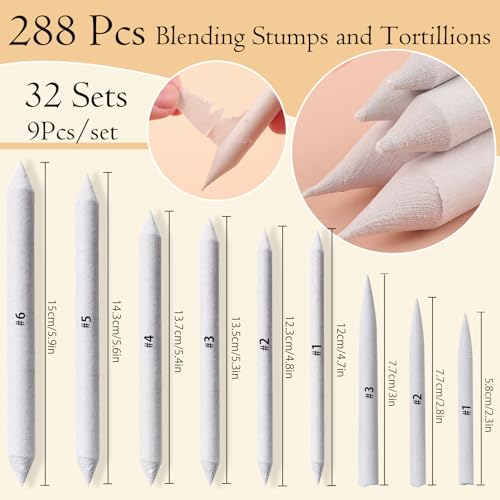 Hodyludy 298 Pcs Blending Stumps and Tortillions, Paper Art Blenders, Art Pencils, Drawing Pencils for Student Artist Charcoal Sketch Supplies with Sandpaper