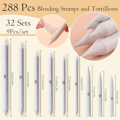Hodyludy 298 Pcs Blending Stumps and Tortillions, Paper Art Blenders, Art Pencils, Drawing Pencils for Student Artist Charcoal Sketch Supplies with Sandpaper