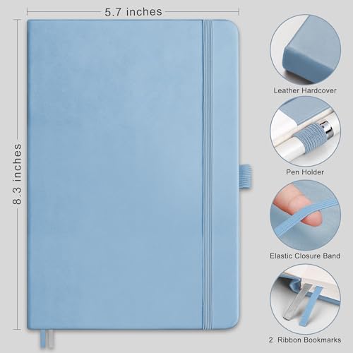 AHGXG Dotted Journal Notebook, 160 Numbered Pages, A5 Medium Size (5.7'' x 8.3''), 120 GSM Thick Paper, Leather Hardcover, for Journaling, Planning, Tracking (Light Blue) - color: Light Blue, style: Dotted