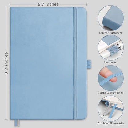 AHGXG Dotted Journal Notebook, 160 Numbered Pages, A5 Medium Size (5.7'' x 8.3''), 120 GSM Thick Paper, Leather Hardcover, for Journaling, Planning, Tracking (Light Blue) - color: Light Blue, style: Dotted
