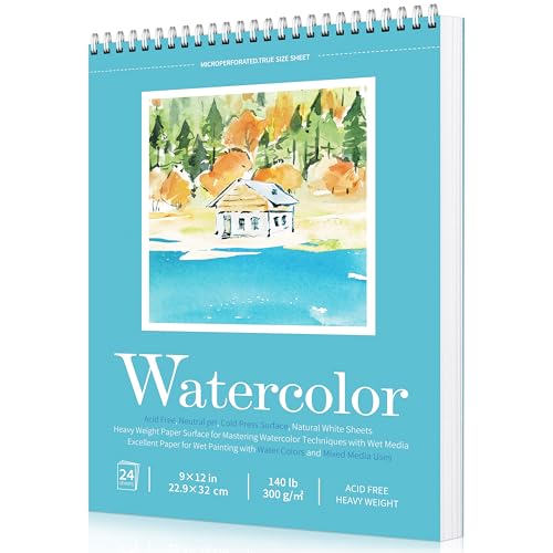 Watercolor Paper Pad, Watercolor Sketchbook 9" x12” 140lb/300gsm, Spiral Bound Water Color Pad Journal and Sketchbook for Adults & Kids, Markers and Art Journaling - size: 9×12inch