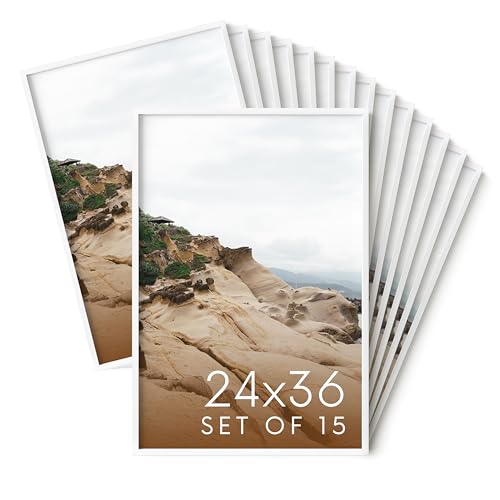 HAUS AND HUES 24x36 White Metal Picture Frames - Features Premium Aluminum, Vertical & Horizontal Hang, Shatterproof Plexiglass - For Home, Room, Office (24x36 in, White, Set of 15) - color: White Metal, size: 24x36 in, style: Set of 15