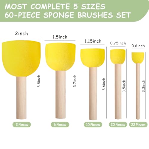 60 Pcs Round Paint Sponges Set, 5 Sizes Sponge Brushes for Painting, Sponge Paint Brushes for Acrylic Painting, Wooden Handle Craft Sponges for DIY, Crafts and Kids Arts - style: 60 Pcs Yellow