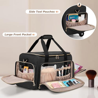 LUXJA Rolling Makeup Case with 3 Removable Pouches and 1 Makeup Brush Bag, Large Makeup Bag Cosmetic Bag with Detachable Dolly (Patented), Black - color: Black