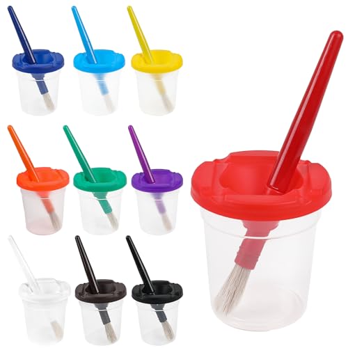 DIYASY No Spill Paint Cups with Lids, 10 Pcs Spill Proof Painting Containers and 10 Round Paint Brushes Kids Art Craft Class Home Supplies 10 Colors
