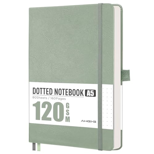 AHGXG Dotted Journal Notebook, 160 Numbered Pages, A5 Medium Size (5.7'' x 8.3''), 120 GSM Thick Paper, Leather Hardcover, for Journaling, Planning, Tracking (Sage Green) - color: Sage Green, style: Dotted