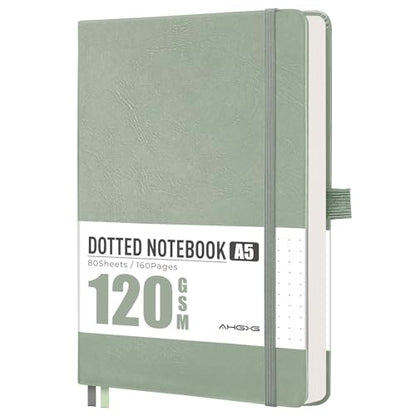 AHGXG Dotted Journal Notebook, 160 Numbered Pages, A5 Medium Size (5.7'' x 8.3''), 120 GSM Thick Paper, Leather Hardcover, for Journaling, Planning, Tracking (Sage Green) - color: Sage Green, style: Dotted