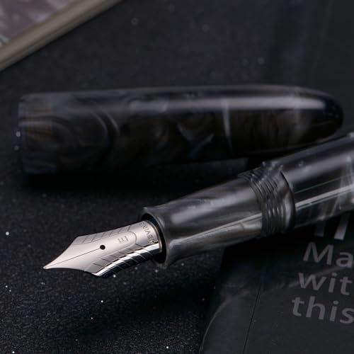 Asvine C80 Fountain Pen #8 Medium Nib Large Handcraft Pen with Converter Pen Box Collection Set (Gray Ripple) - color: Gray Ripple, style: Medium