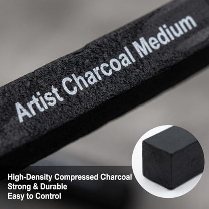 Compressed Charcoal Sticks Set, 12 Pack Soft Medium Hard Charcoal for Drawing, Sketching and Shading, Drawing Sticks Set for Artists, Sketching Supplies and Art Supplies