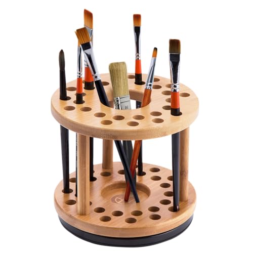 JackCubeDesign 360 Rotating Paint Brush Holder Bamboo Watercolor Artist Brush Water Coloring Organizer Display Stand Tray Rack with 27 Holes and 1 Big Hole – MK441A