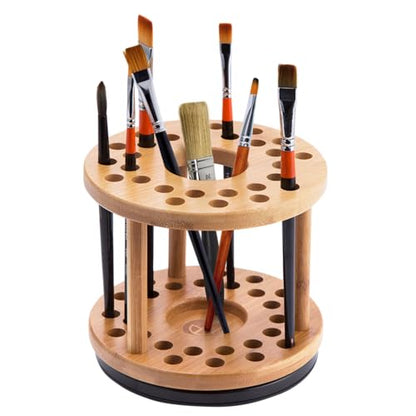 JackCubeDesign 360 Rotating Paint Brush Holder Bamboo Watercolor Artist Brush Water Coloring Organizer Display Stand Tray Rack with 27 Holes and 1 Big Hole – MK441A