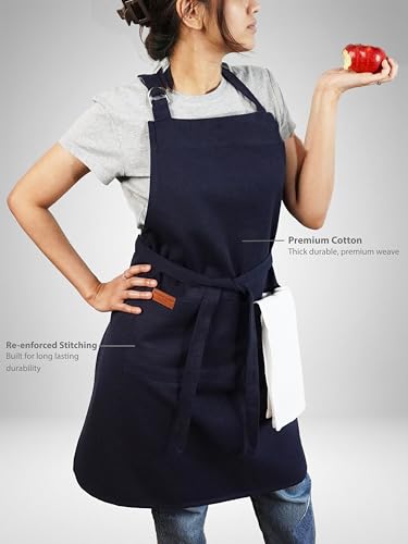 100% Cotton Kitchen Apron with 2 Pockets – Adjustable Chef Apron for Cooking Baking BBQ – Unisex Apron - color: Navy, size: Standard