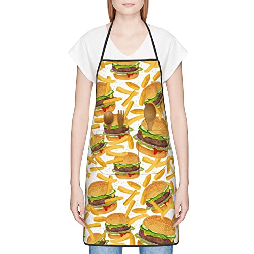 Mexican Floral Aprons, Waterproof Adjustable Apron for Kitchen Bbq with 2 Pockets, Gifts for Women Men - color: Delicious Burger and Fries