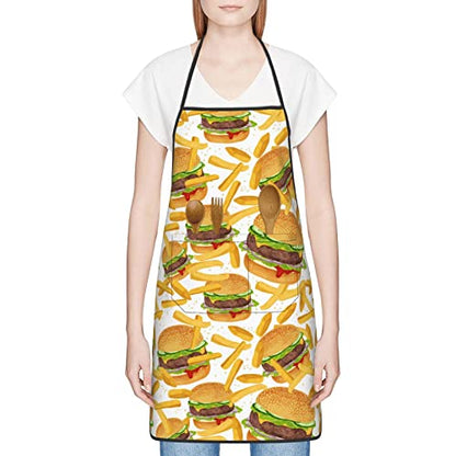 Mexican Floral Aprons, Waterproof Adjustable Apron for Kitchen Bbq with 2 Pockets, Gifts for Women Men - color: Delicious Burger and Fries