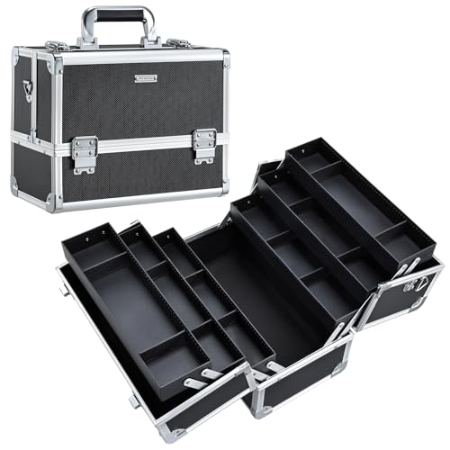 FRENESSA Makeup Train Case Makeup Case 12.6 Inch Large Cosmetic Box Organizer Travel Storage Professional Make Up Train Carrying Case with 6 Trays Locking Shoulder Strap Hard Vanity Storage Black - color: Black